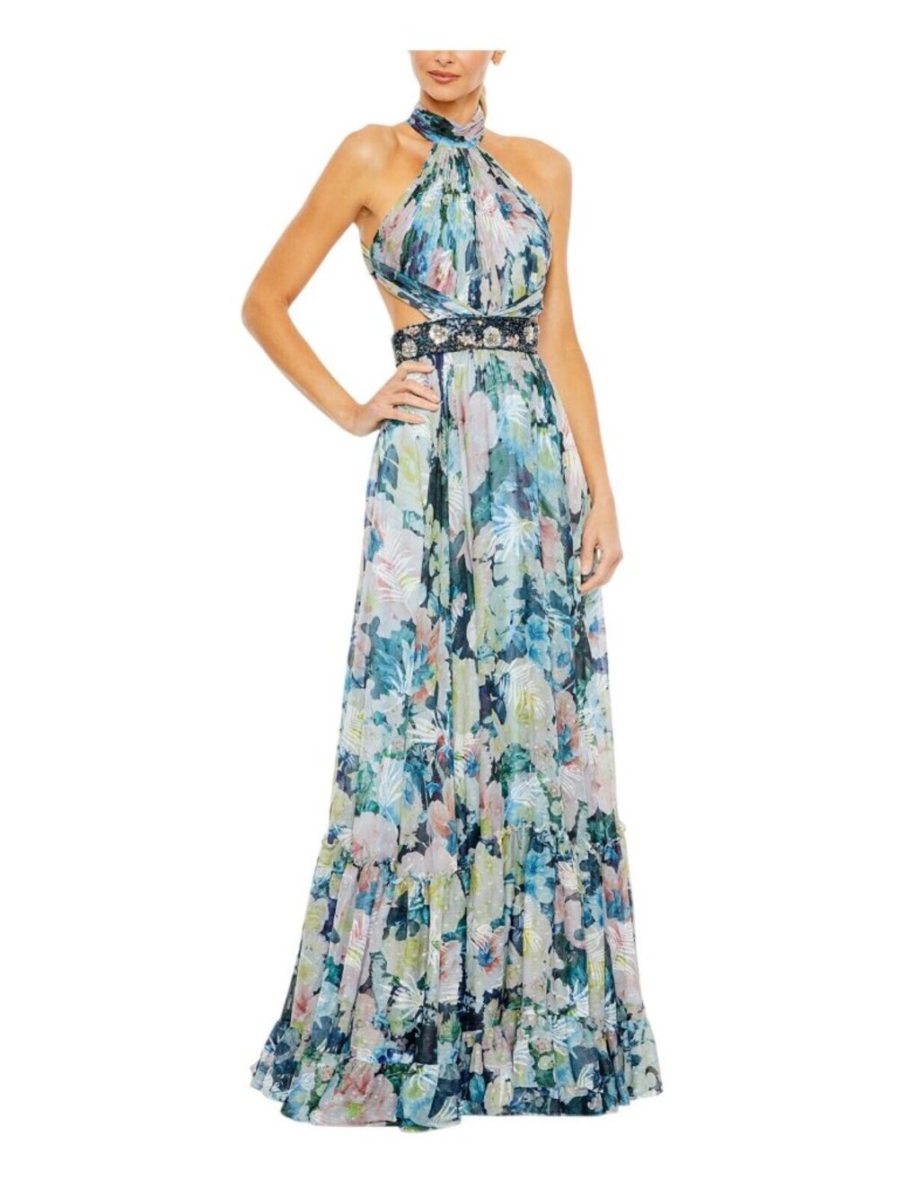NWT Mac Duggal Floral Metallic Embellished Halter Neck Gown Pastel Multi Blue 4